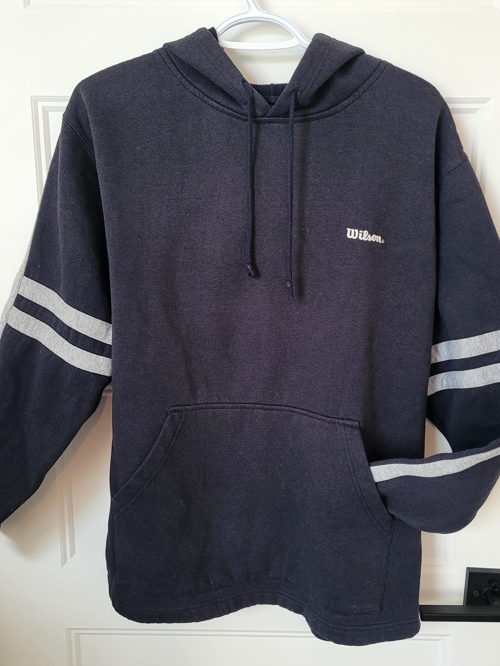 Wilson Vintage Hoodie Mens Medium Navy Blue Sweatshirt Varsity Stripes Pullover